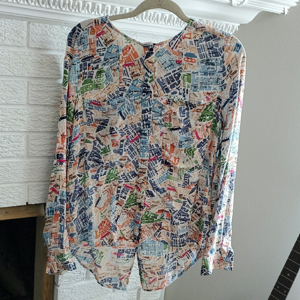 Maeve By Anthropologie Women's Multicolor Graphic Print Map Shirt Blouse Sz 8 - Picture 3 of 15